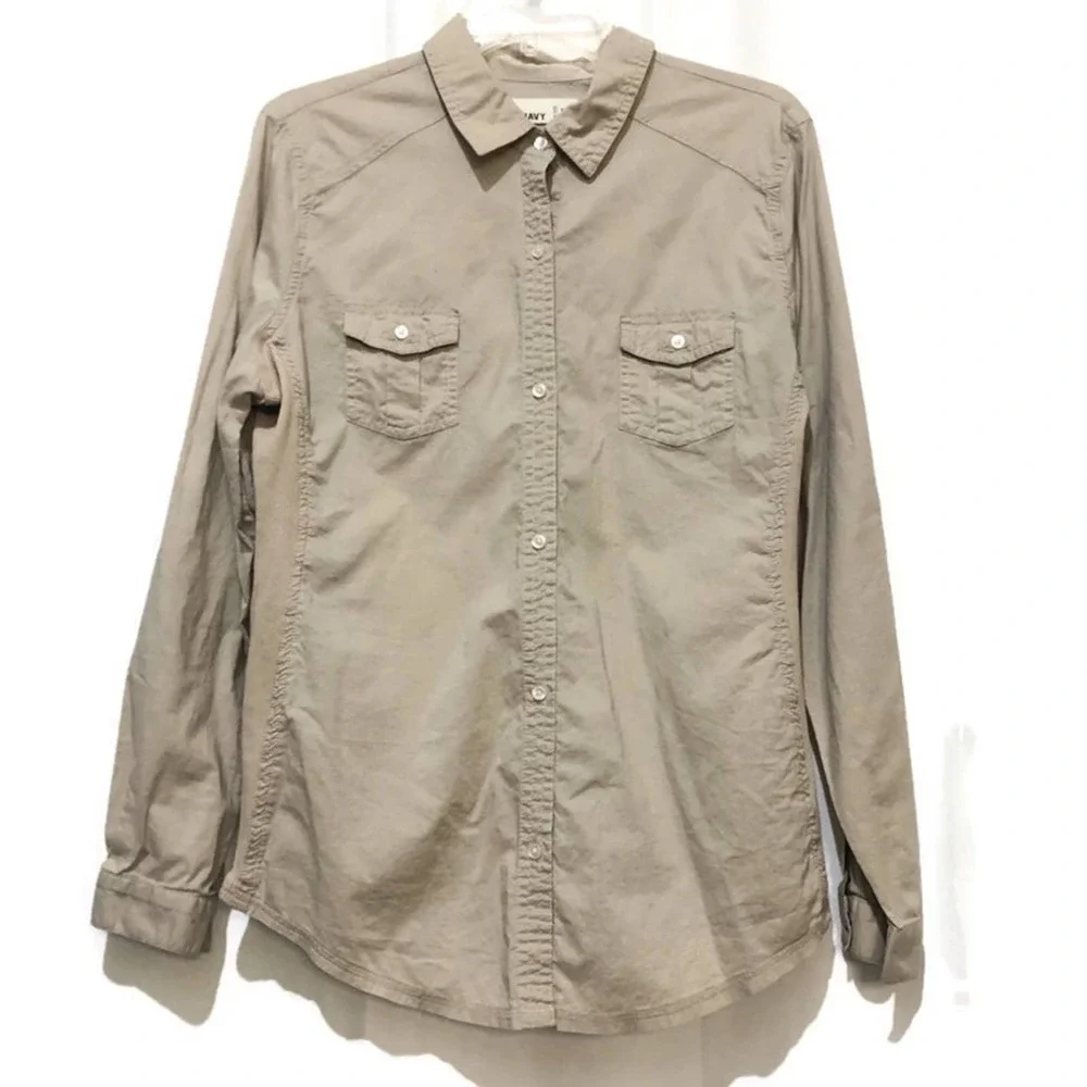 Old Navy Button Up Blouse Tan Stretch Career Large - Picture 1 of 7
